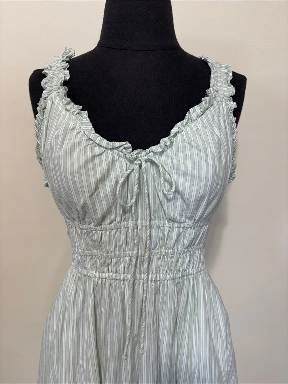 Old Navy Sage Green Striped Midi Dress with Ruffled Straps and Smocked Waist - Picture 2 of 15